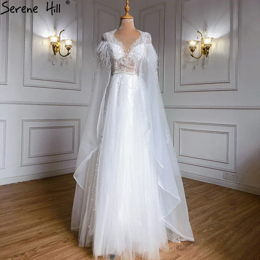 Serene Hill Luxury Dubai Grey Evening Formal Dresses with Feather Cape Shawl Gold Arabic Women Wedding Party Gowns Long LA70640