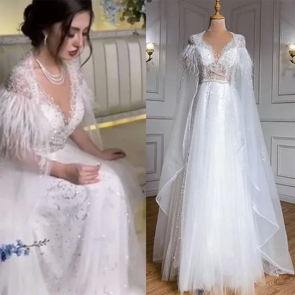 Serene Hill Luxury Dubai Grey Evening Formal Dresses with Feather Cape Shawl Gold Arabic Women Wedding Party Gowns Long LA70640