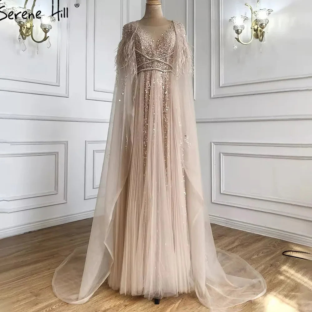 Serene Hill Luxury Dubai Grey Evening Formal Dresses with Feather Cape Shawl Gold Arabic Women Wedding Party Gowns Long LA70640