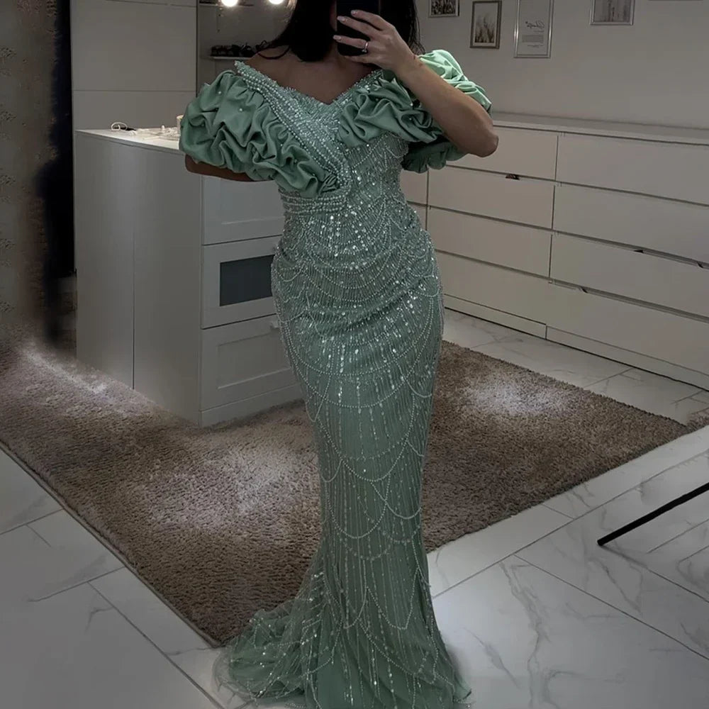 Luxury Dubai Luxury Dubai Off Shoulder Mermaid Sage Green Evening Dresses For Women Arabic Wedding Party Gown LA72281
