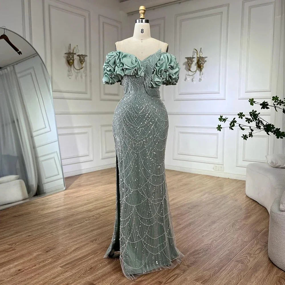 Luxury Dubai Luxury Dubai Off Shoulder Mermaid Sage Green Evening Dresses For Women Arabic Wedding Party Gown LA72281