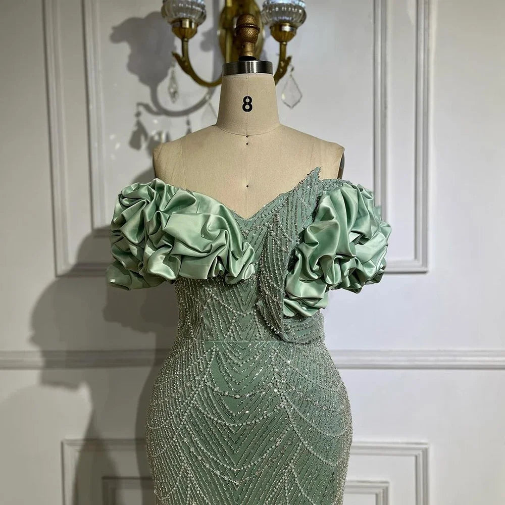 Luxury Dubai Luxury Dubai Off Shoulder Mermaid Sage Green Evening Dresses For Women Arabic Wedding Party Gown LA72281