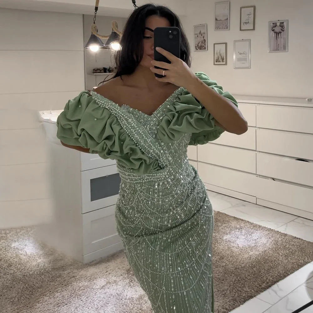 Luxury Dubai Luxury Dubai Off Shoulder Mermaid Sage Green Evening Dresses For Women Arabic Wedding Party Gown LA72281