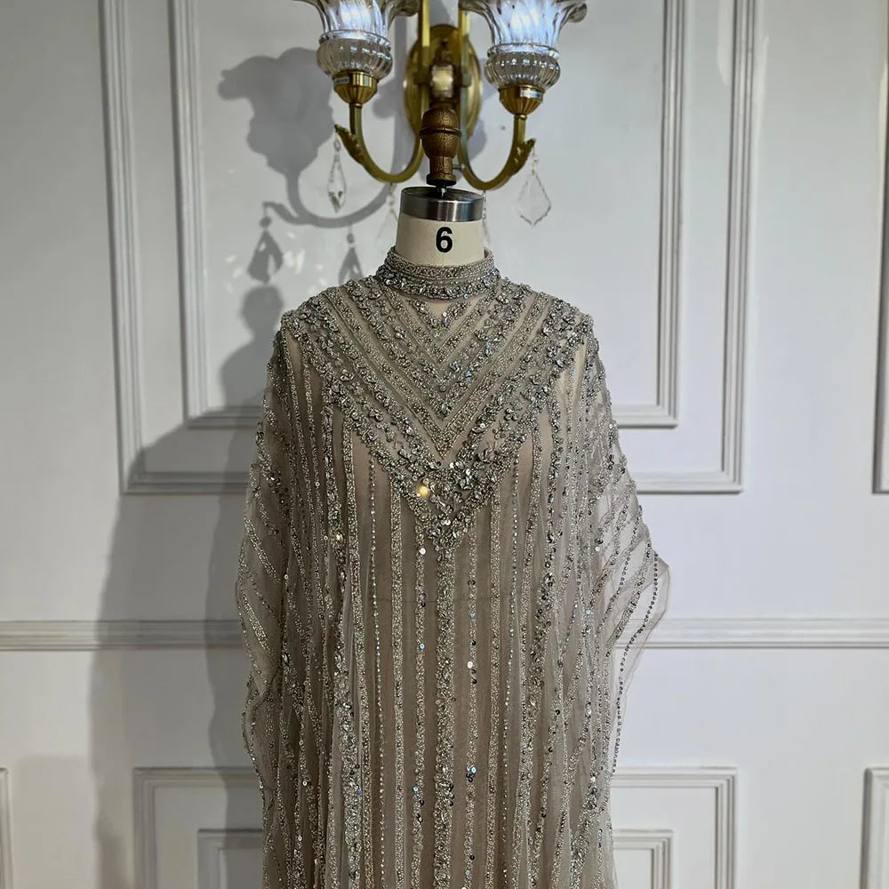 Dubai Luxury Silver Nude Cape Beaded Evening Dress LA72484