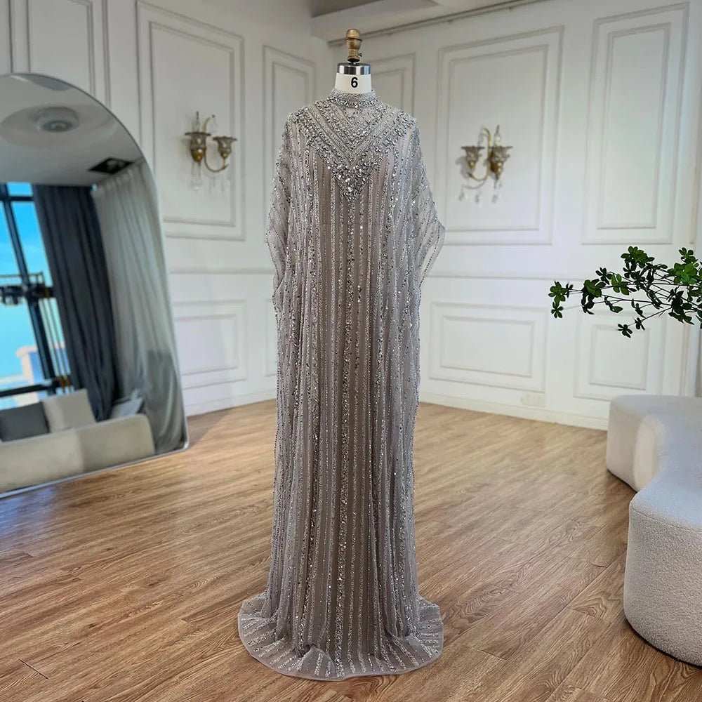 Dubai Luxury Silver Nude Cape Beaded Evening Dress LA72484