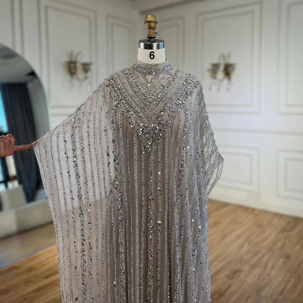 Dubai Luxury Silver Nude Cape Beaded Evening Dress LA72484