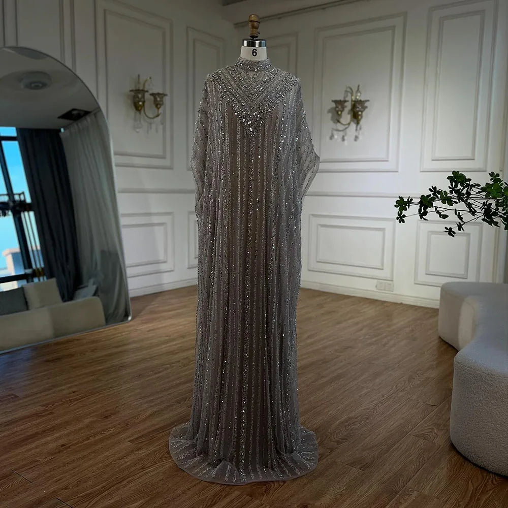 Dubai Luxury Silver Nude Cape Beaded Evening Dress LA72484