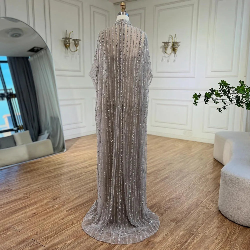 Dubai Luxury Silver Nude Cape Beaded Evening Dress LA72484