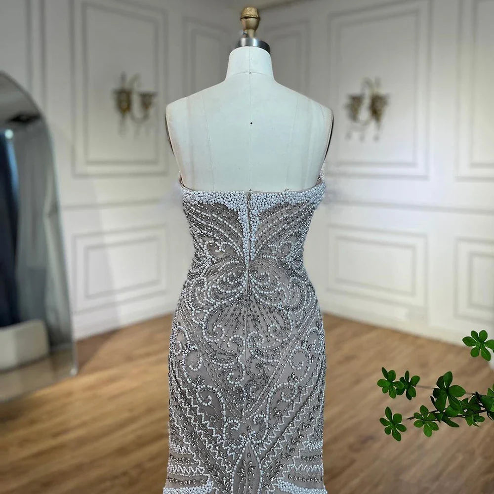Serene Hill Luxury Dubai White Nude Split Mermaid Pearls Beaded Evening Dresses Gowns for Women Wedding Party LA72522