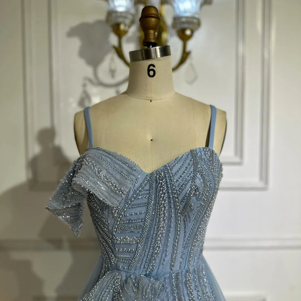 Luxury Dubai Mermaid Evening Dress With Skirt Light blue Beaded Spaghetti Strap For Formal Occasion LA72341A