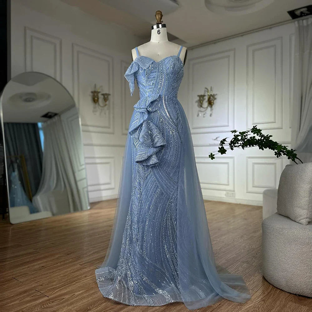Luxury Dubai Mermaid Evening Dress With Skirt Light blue Beaded Spaghetti Strap For Formal Occasion LA72341A