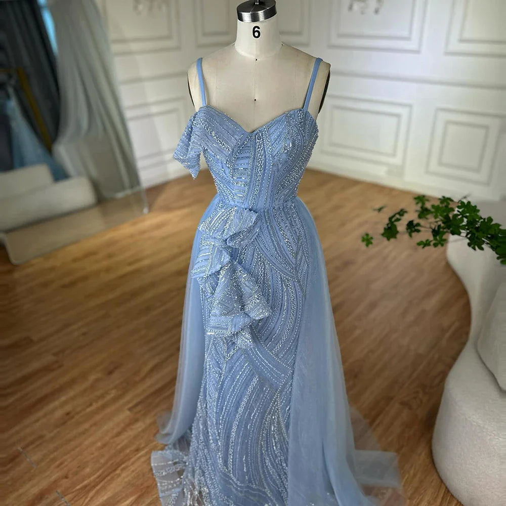 Luxury Dubai Mermaid Evening Dress With Skirt Light blue Beaded Spaghetti Strap For Formal Occasion LA72341A