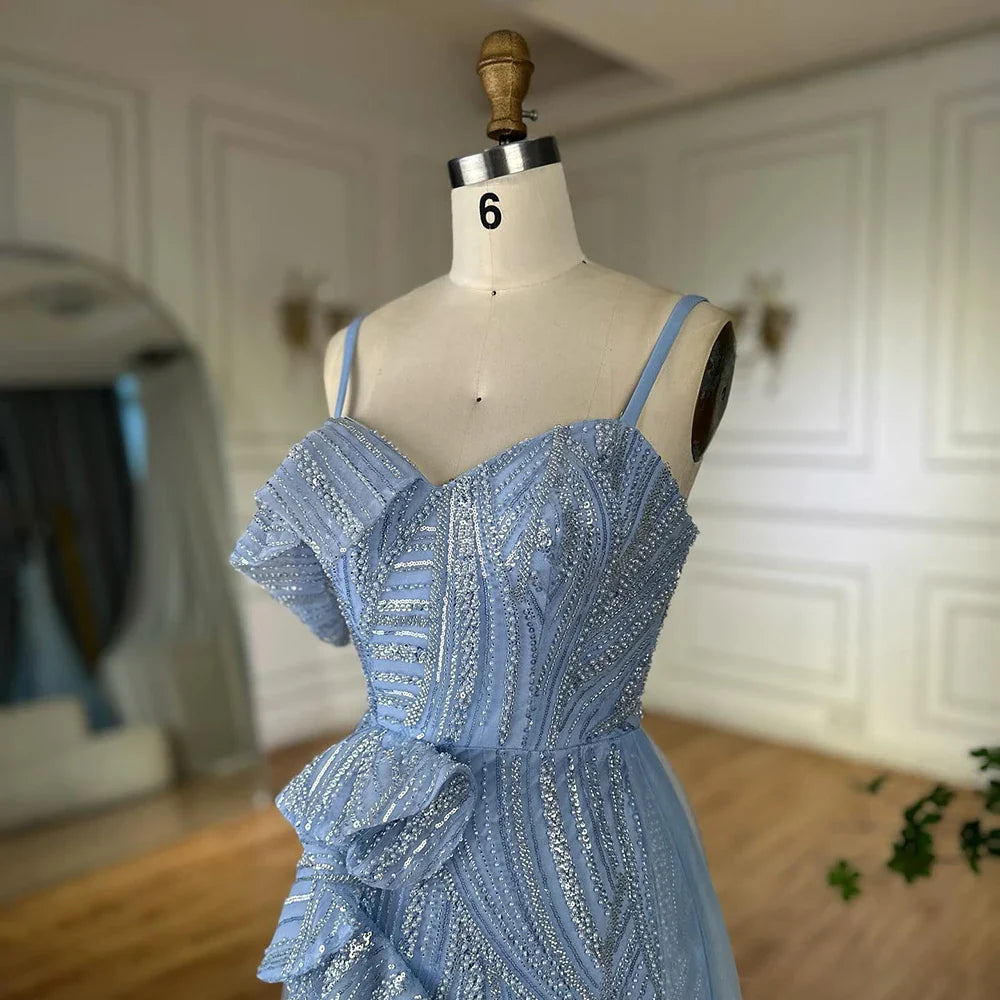 Luxury Dubai Mermaid Evening Dress With Skirt Light blue Beaded Spaghetti Strap For Formal Occasion LA72341A