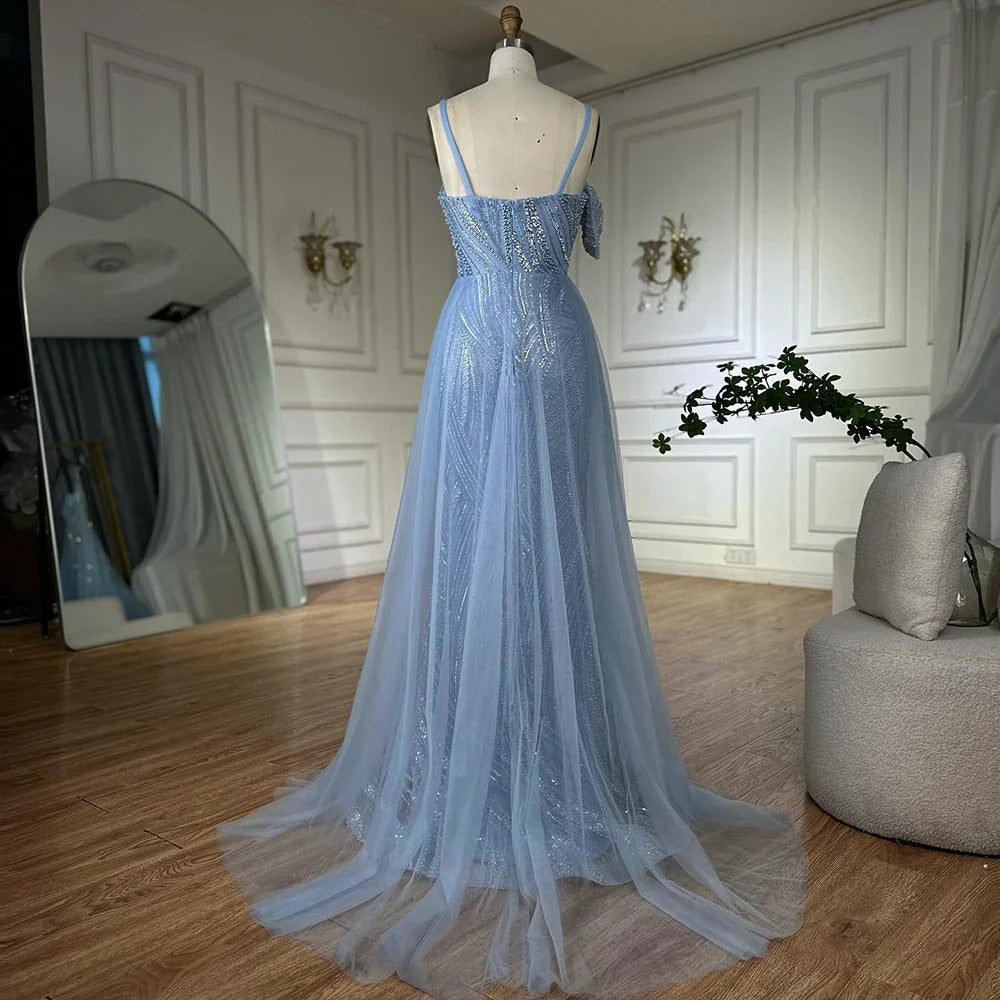 Luxury Dubai Mermaid Evening Dress With Skirt Light blue Beaded Spaghetti Strap For Formal Occasion LA72341A
