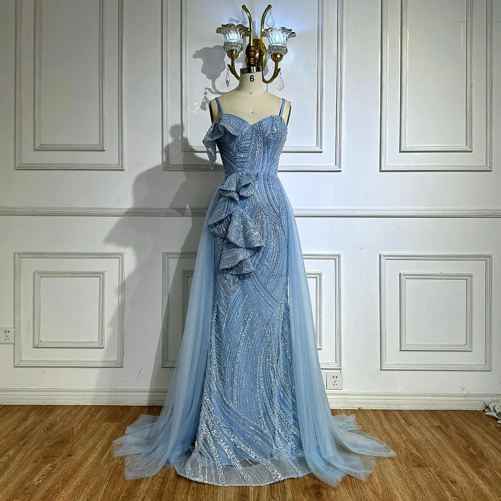 Luxury Dubai Mermaid Evening Dress With Skirt Light blue Beaded Spaghetti Strap For Formal Occasion LA72341A