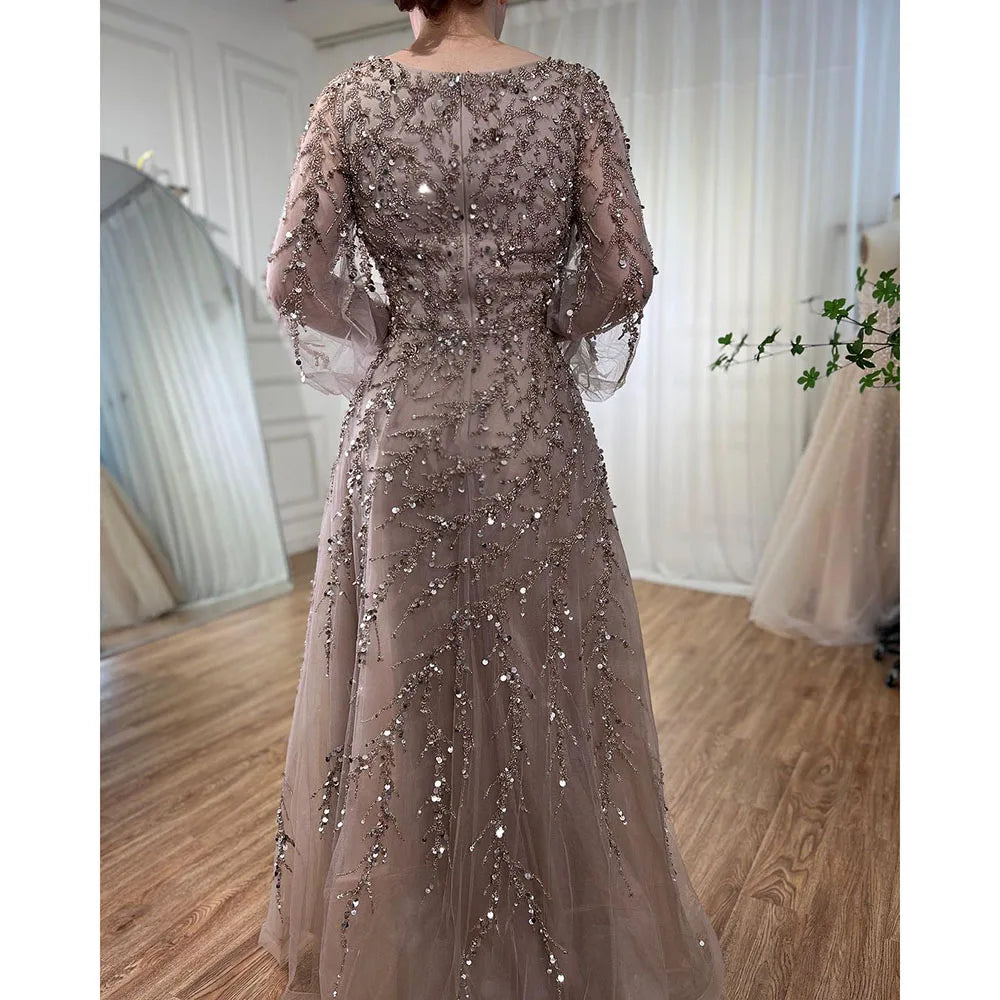 Serene Hill Muslim Caramel A Line Beaded Luxury Dubai Long Evening Dresses Gowns For Women Wedding Party 2025 LA71653A
