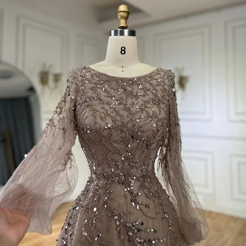 Serene Hill Muslim Caramel A Line Beaded Luxury Dubai Long Evening Dresses Gowns For Women Wedding Party 2025 LA71653A