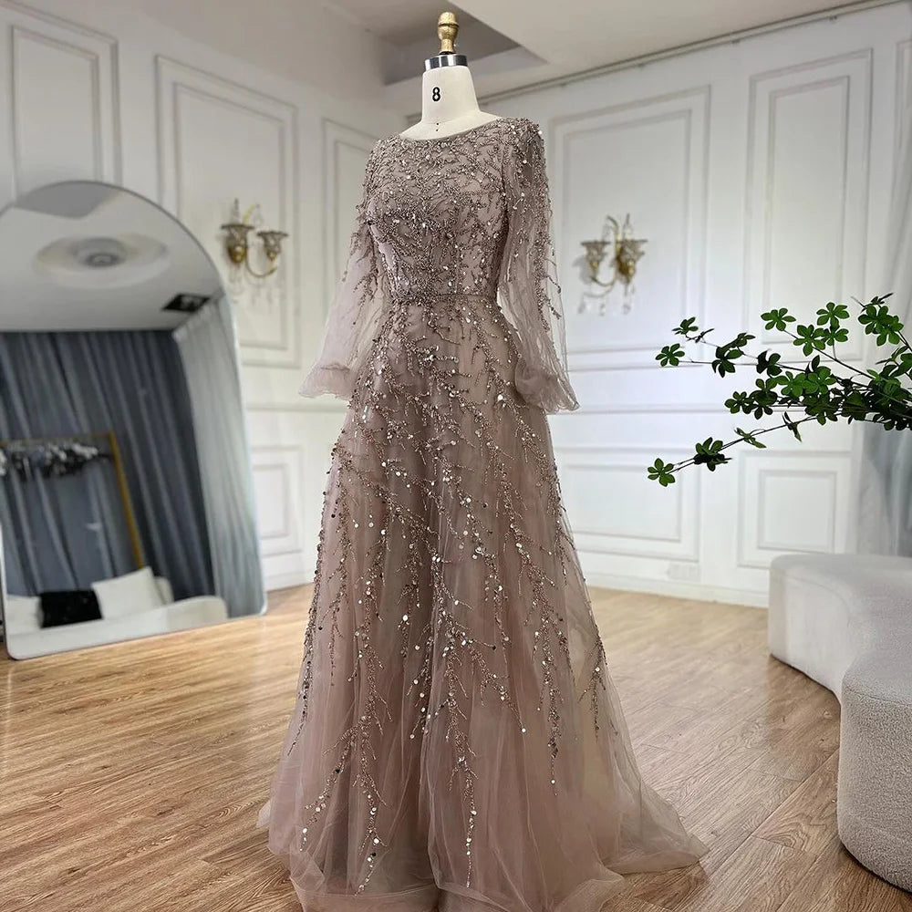 Serene Hill Muslim Caramel A Line Beaded Luxury Dubai Long Evening Dresses Gowns For Women Wedding Party 2025 LA71653A