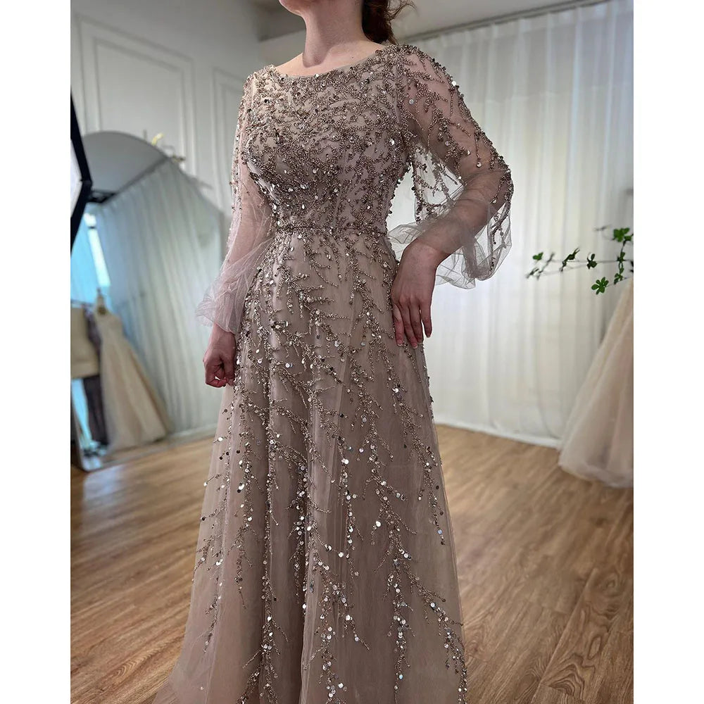 Serene Hill Muslim Caramel A Line Beaded Luxury Dubai Long Evening Dresses Gowns For Women Wedding Party 2025 LA71653A