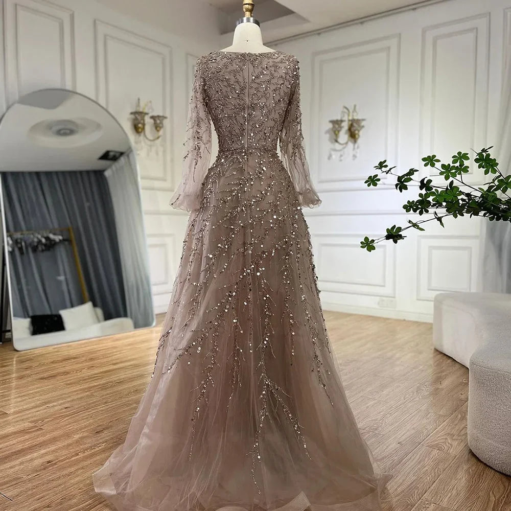 Serene Hill Muslim Caramel A Line Beaded Luxury Dubai Long Evening Dresses Gowns For Women Wedding Party 2025 LA71653A