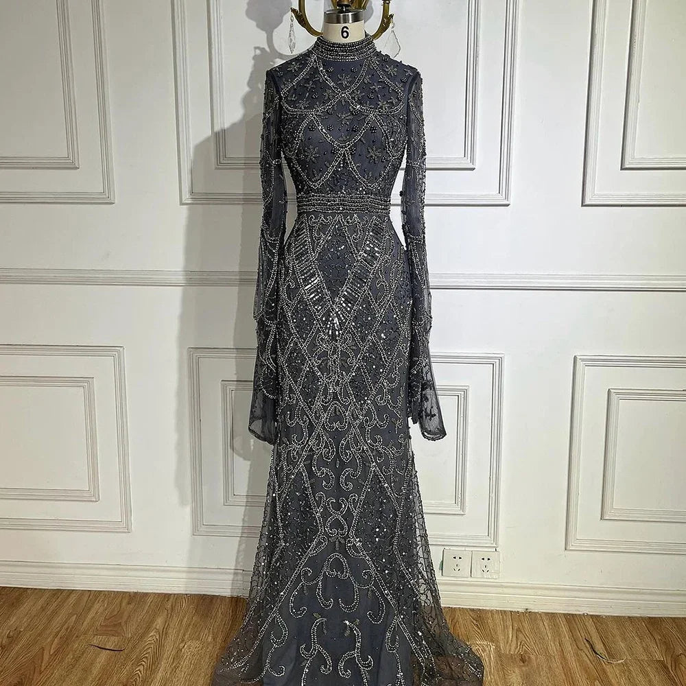 Muslim Grey Mermaid Long Sleeve Beaded Evening Dress LA72316