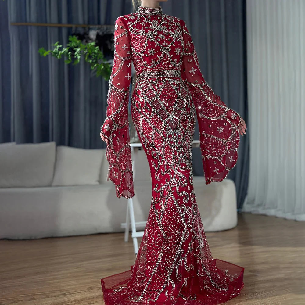 Muslim Grey Mermaid Long Sleeve Beaded Evening Dress LA72316