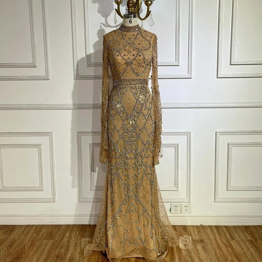Muslim Grey Mermaid Long Sleeve Beaded Evening Dress LA72316