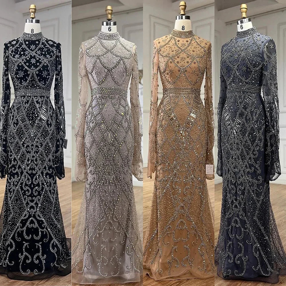 Muslim Grey Mermaid Long Sleeve Beaded Evening Dress LA72316