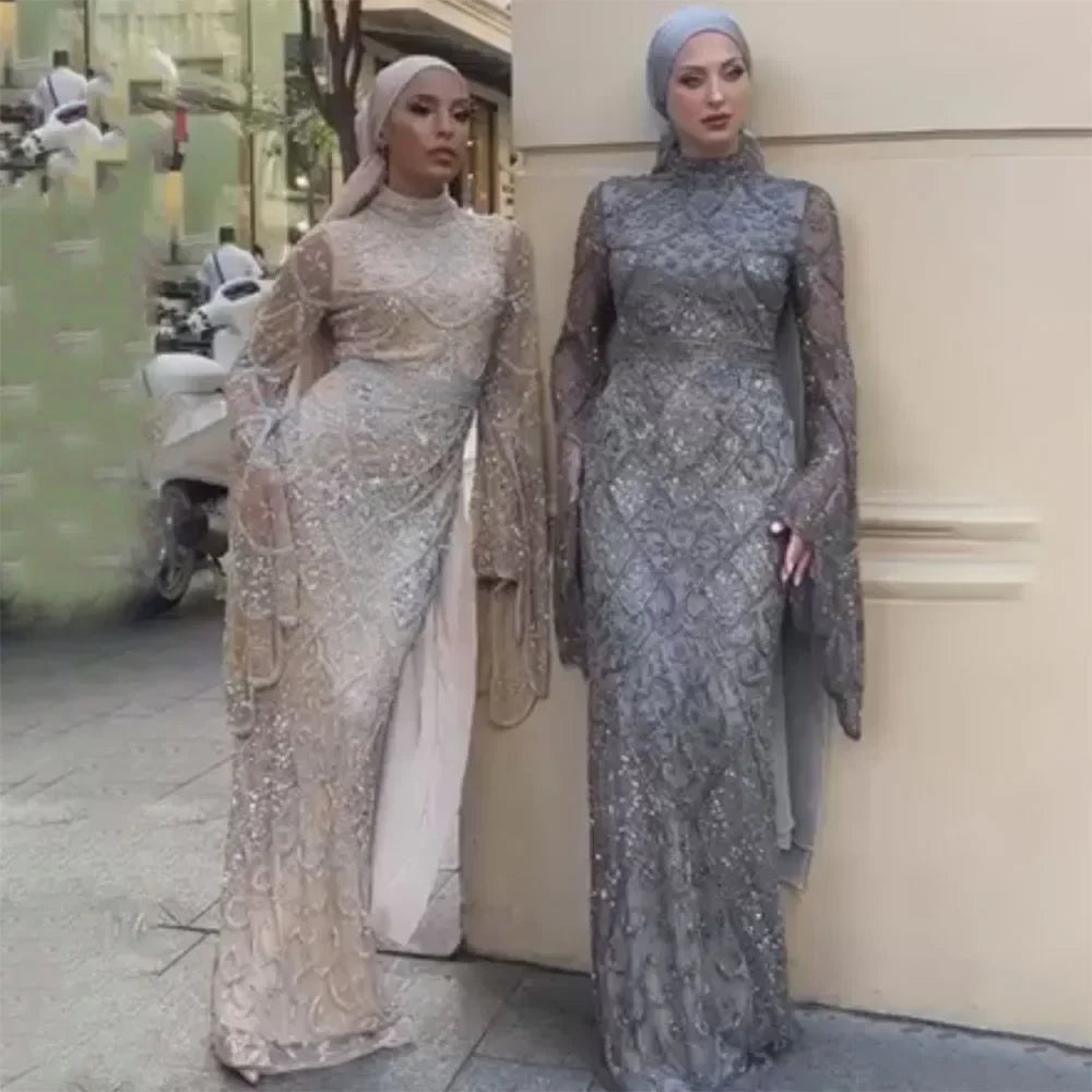 Muslim Grey Mermaid Long Sleeve Beaded Evening Dress LA72316