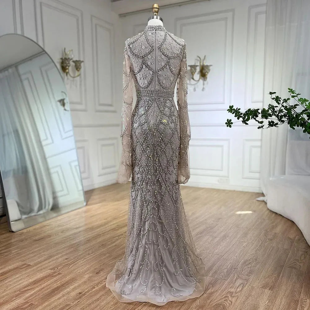 Muslim Grey Mermaid Long Sleeve Beaded Evening Dress LA72316