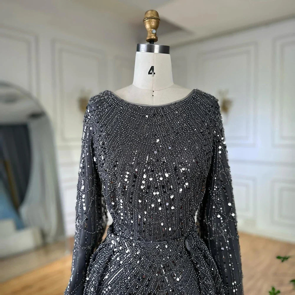 Luxury Dubai Muslim Grey Mermaid Pearls Beaded Evening Dresses Gowns For Formal Occasion LA72032H