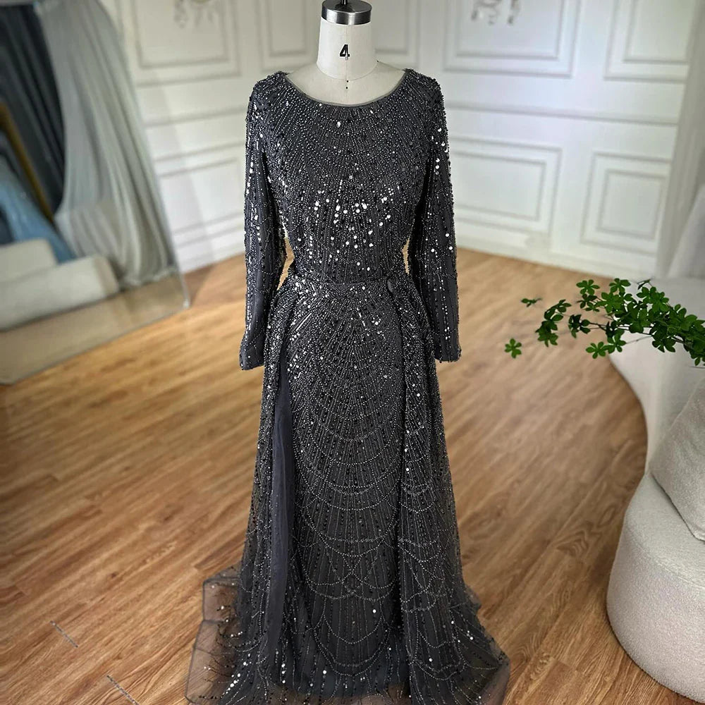 Luxury Dubai Muslim Grey Mermaid Pearls Beaded Evening Dresses Gowns For Formal Occasion LA72032H