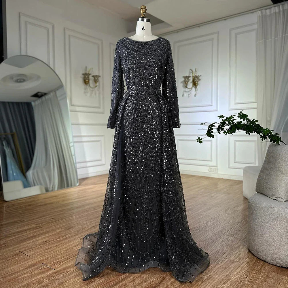 Luxury Dubai Muslim Grey Mermaid Pearls Beaded Evening Dresses Gowns For Formal Occasion LA72032H