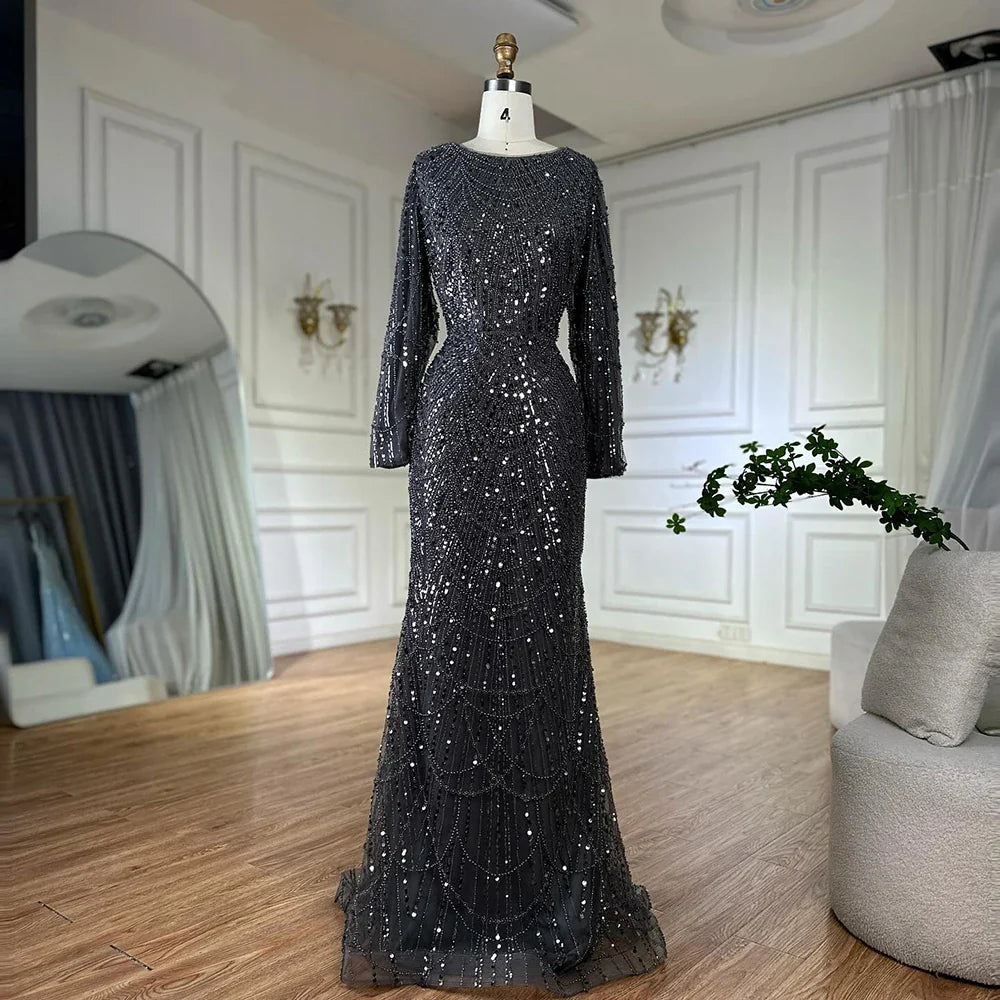 Luxury Dubai Muslim Grey Mermaid Pearls Beaded Evening Dresses Gowns For Formal Occasion LA72032H