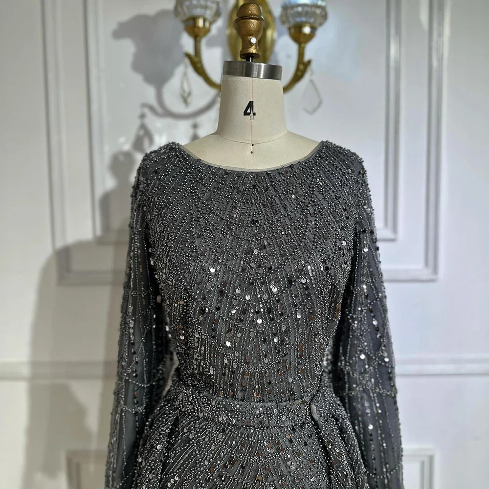 Luxury Dubai Muslim Grey Mermaid Pearls Beaded Evening Dresses Gowns For Formal Occasion LA72032H
