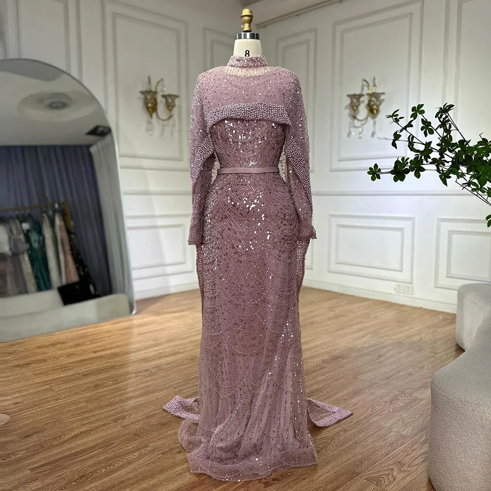 Luxury Dubai Muslim Mermaid Long Cape Evening Dresses Pearls Beaded Gowns For Formal Occasion LA72032MP