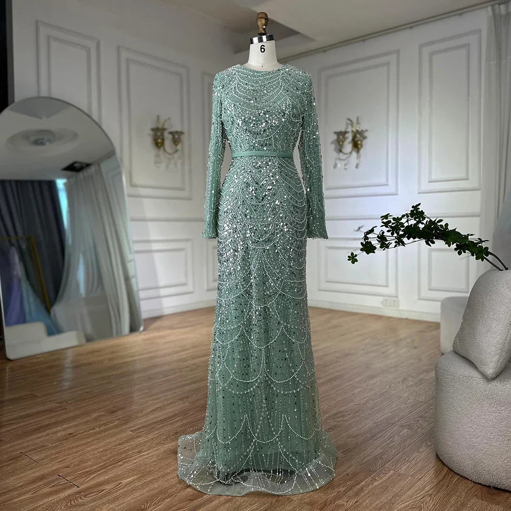 Luxury Dubai Muslim Mermaid Long Cape Evening Dresses Pearls Beaded Gowns For Formal Occasion LA72032MP