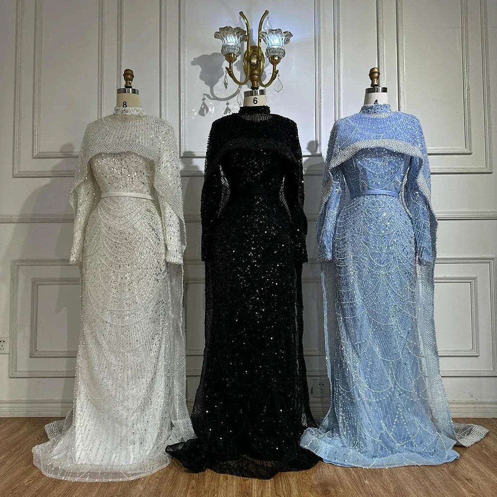 Luxury Dubai Muslim Mermaid Long Cape Evening Dresses Pearls Beaded Gowns For Formal Occasion LA72032MP