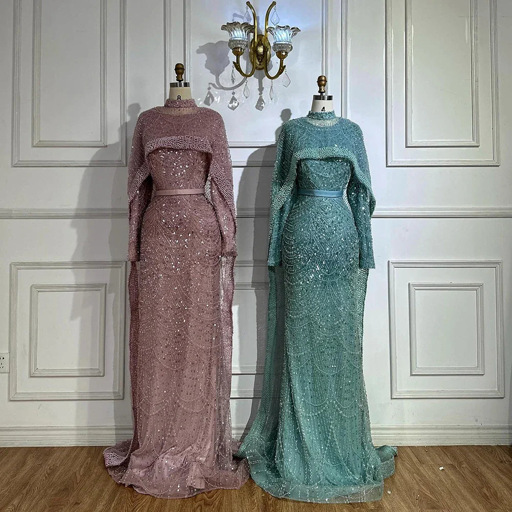 Luxury Dubai Muslim Mermaid Long Cape Evening Dresses Pearls Beaded Gowns For Formal Occasion LA72032MP