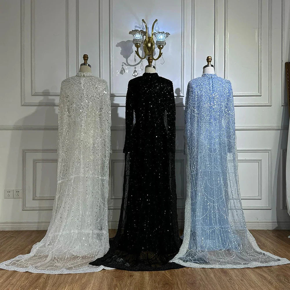 Luxury Dubai Muslim Mermaid Long Cape Evening Dresses Pearls Beaded Gowns For Formal Occasion LA72032MP