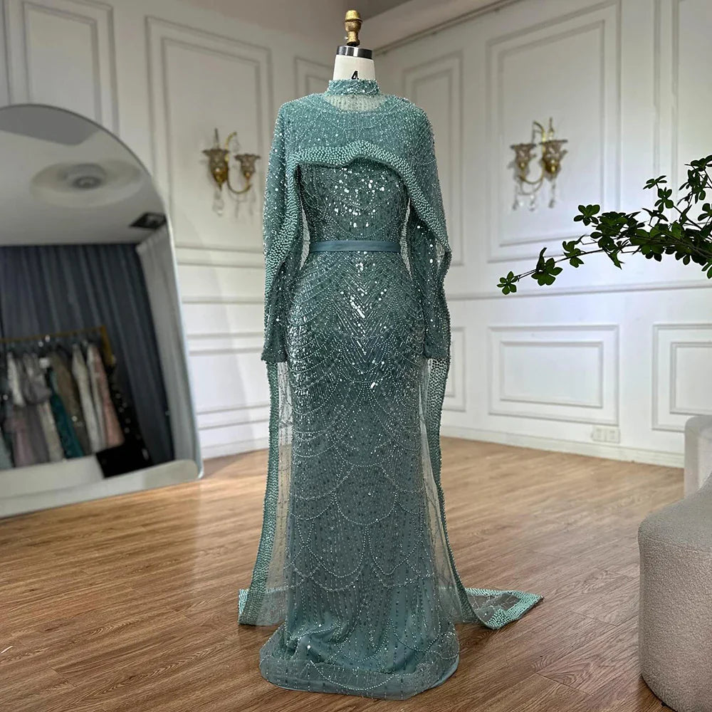 Luxury Dubai Muslim Mermaid Long Cape Evening Dresses Pearls Beaded Gowns For Formal Occasion LA72032MP