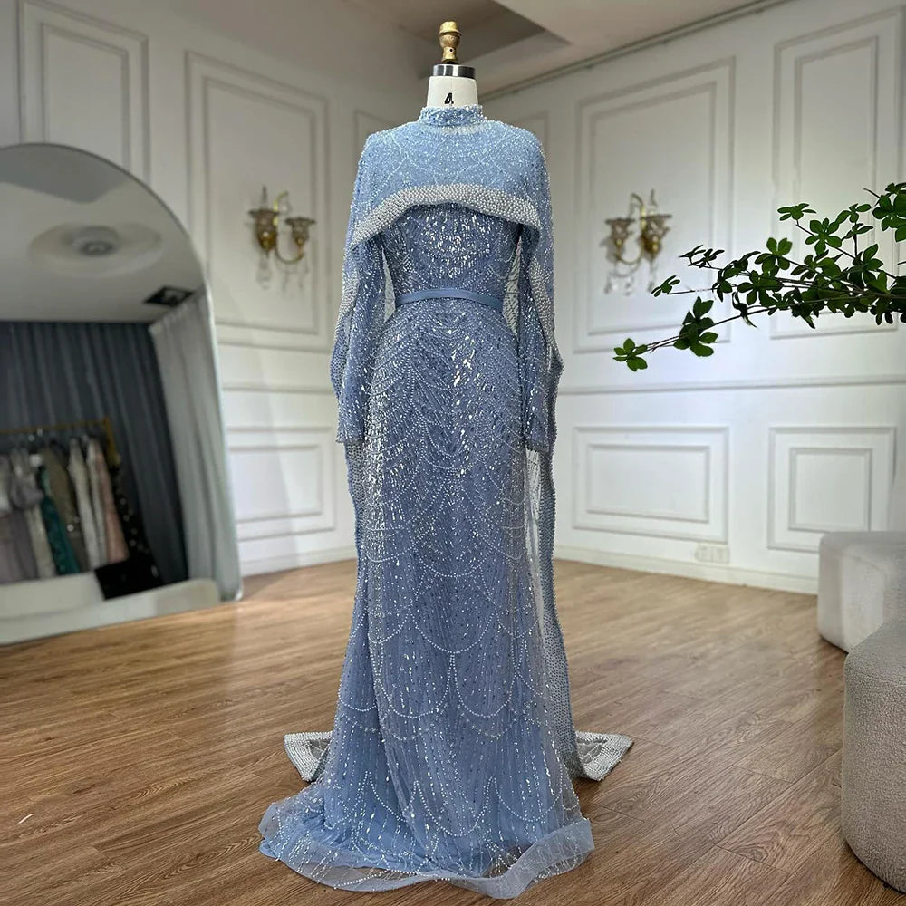 Luxury Dubai Muslim Mermaid Long Cape Evening Dresses Pearls Beaded Gowns For Formal Occasion LA72032MP