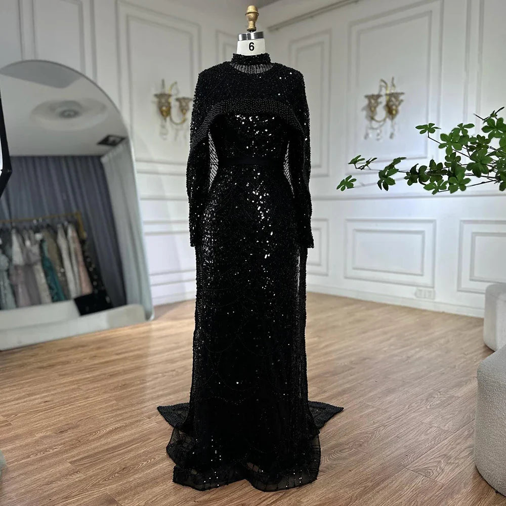 Luxury Dubai Muslim Mermaid Long Cape Evening Dresses Pearls Beaded Gowns For Formal Occasion LA72032MP