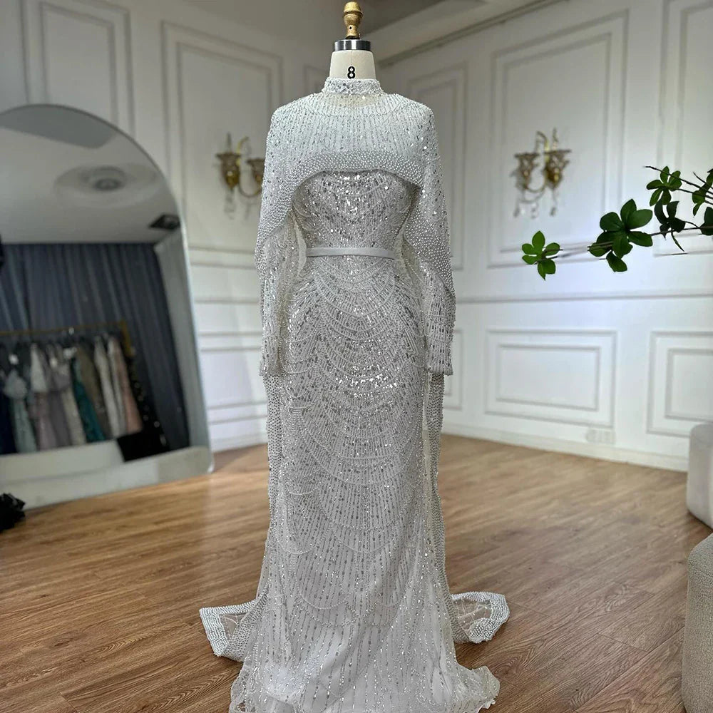Luxury Dubai Muslim Mermaid Long Cape Evening Dresses Pearls Beaded Gowns For Formal Occasion LA72032MP