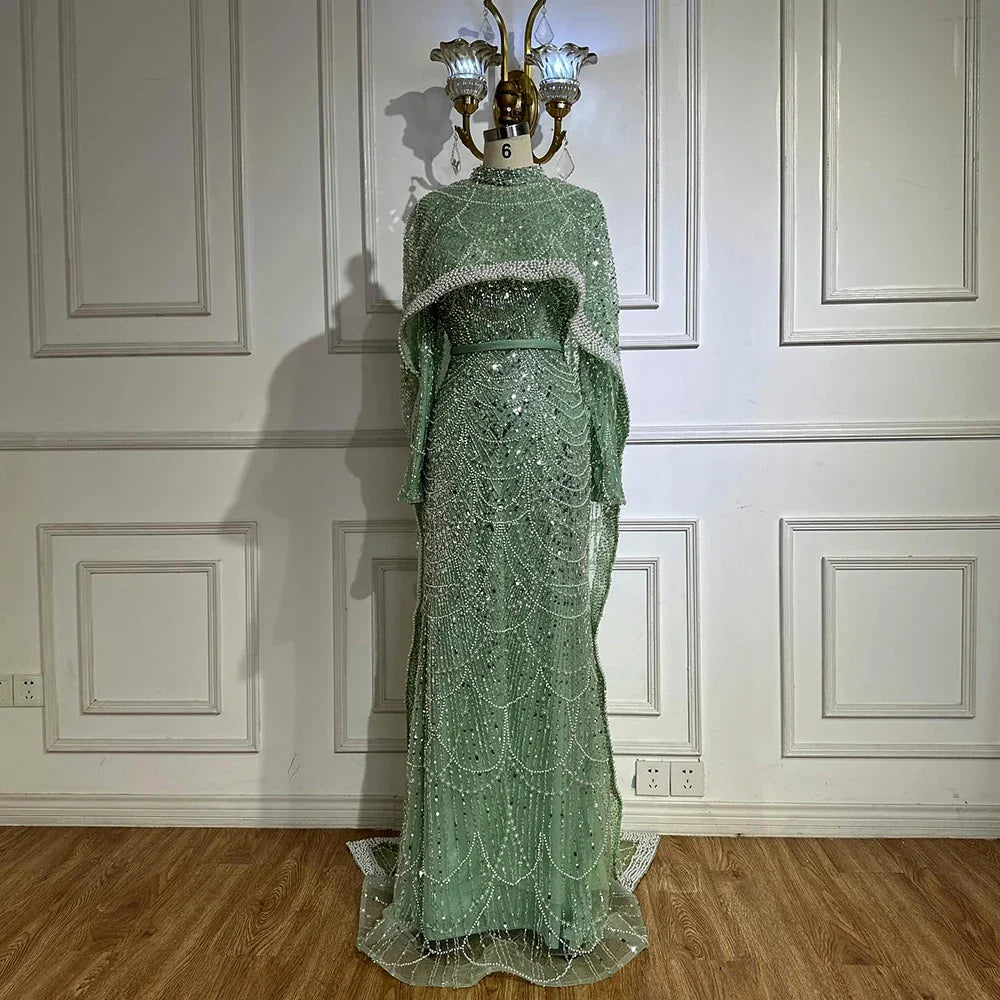 Luxury Dubai Muslim Mermaid Long Cape Evening Dresses Pearls Beaded Gowns For Formal Occasion LA72032MP