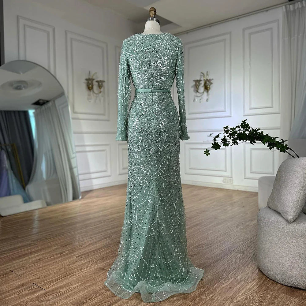 Luxury Dubai Muslim Mermaid Long Cape Evening Dresses Pearls Beaded Gowns For Formal Occasion LA72032MP
