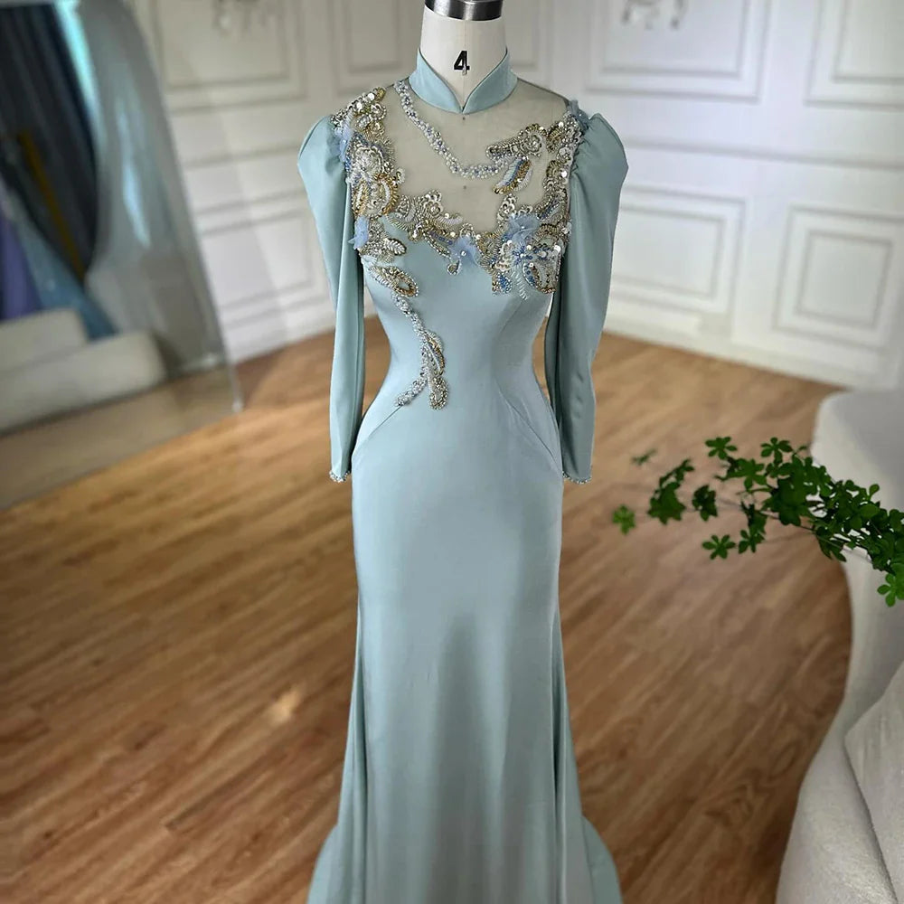 Luxury Dubai Muslim Mint Mermaid Beaded Satin Evening Dress Gown with Corset for Formal Occasion LA72797C