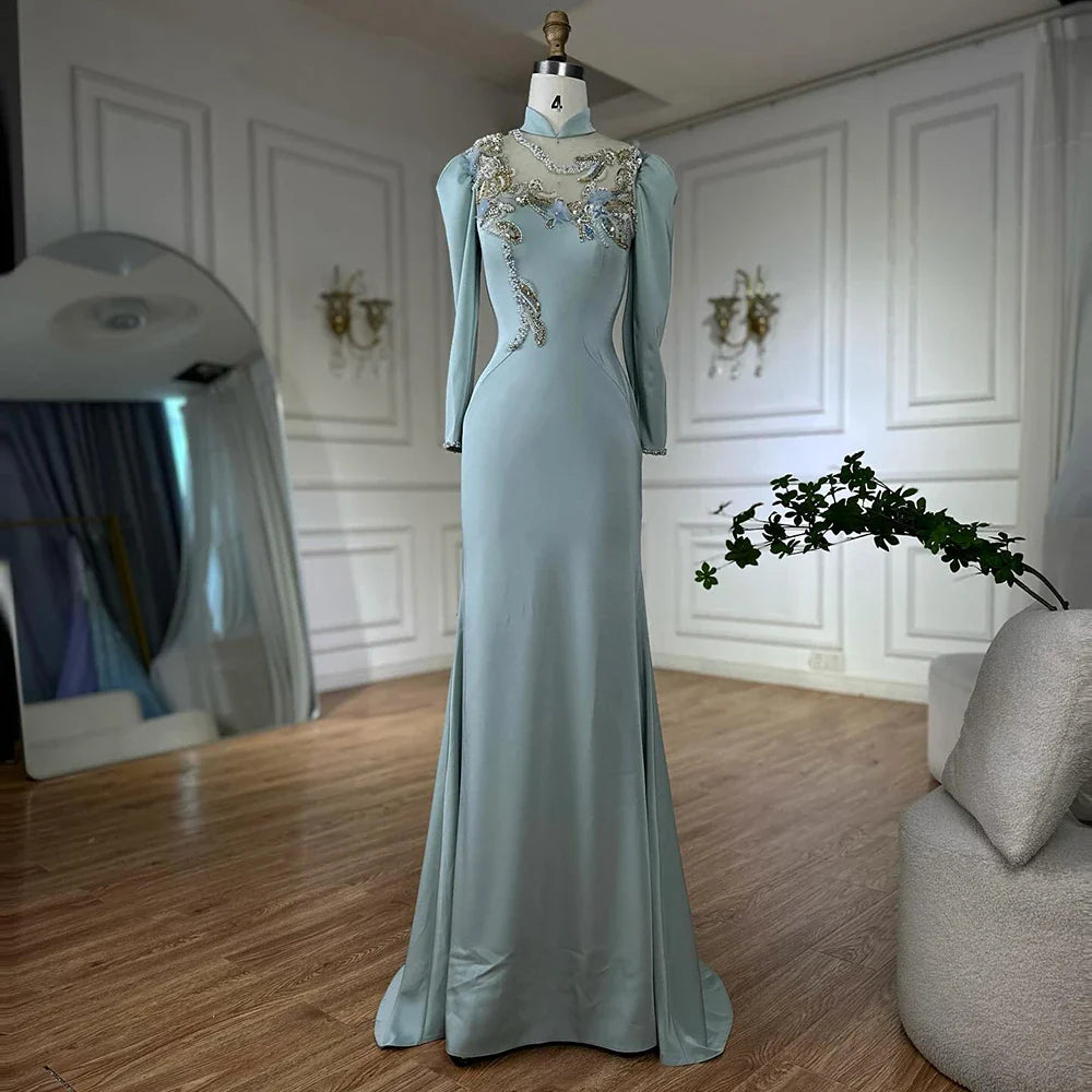 Luxury Dubai Muslim Mint Mermaid Beaded Satin Evening Dress Gown with Corset for Formal Occasion LA72797C