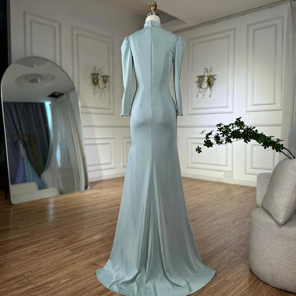 Luxury Dubai Muslim Mint Mermaid Beaded Satin Evening Dress Gown with Corset for Formal Occasion LA72797C