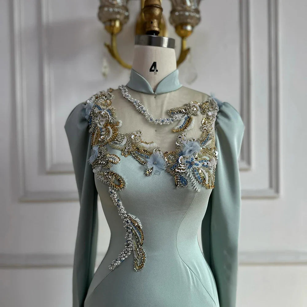 Luxury Dubai Muslim Mint Mermaid Beaded Satin Evening Dress Gown with Corset for Formal Occasion LA72797C